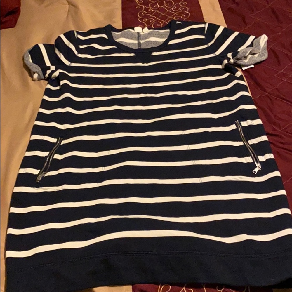 Navy blue sweater dress with white stripes